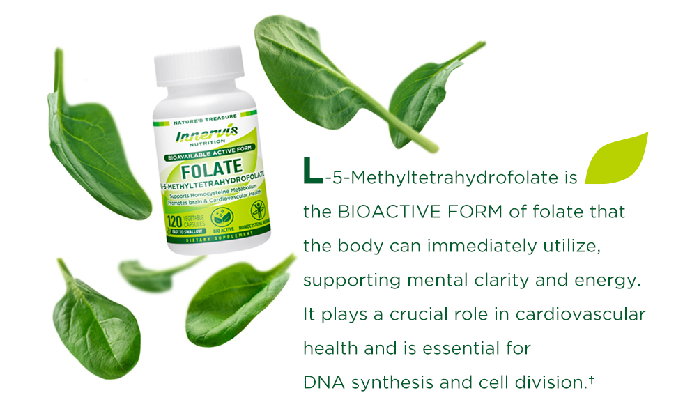 L-Methylfolate 1000mcg (120 Caps) Active Folate for Heart, Nerve Health & Homocysteine Support* - 5-MTHF Methylated Vitamin B9-1700 mcg DFE by Innervis Nutrition