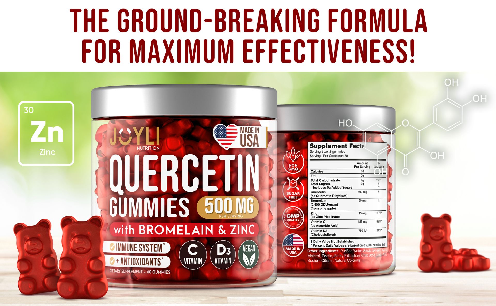 2 Pack - JOYLI Quercetin Gummies with Bromelain, Zinc, Vitamin C & D3 – Sugar-Free Quercetin Supplement for Immune Support & Seasonal Wellness – 500mg Quercetin for Kids & Adults – 60 Gummies per Pack
