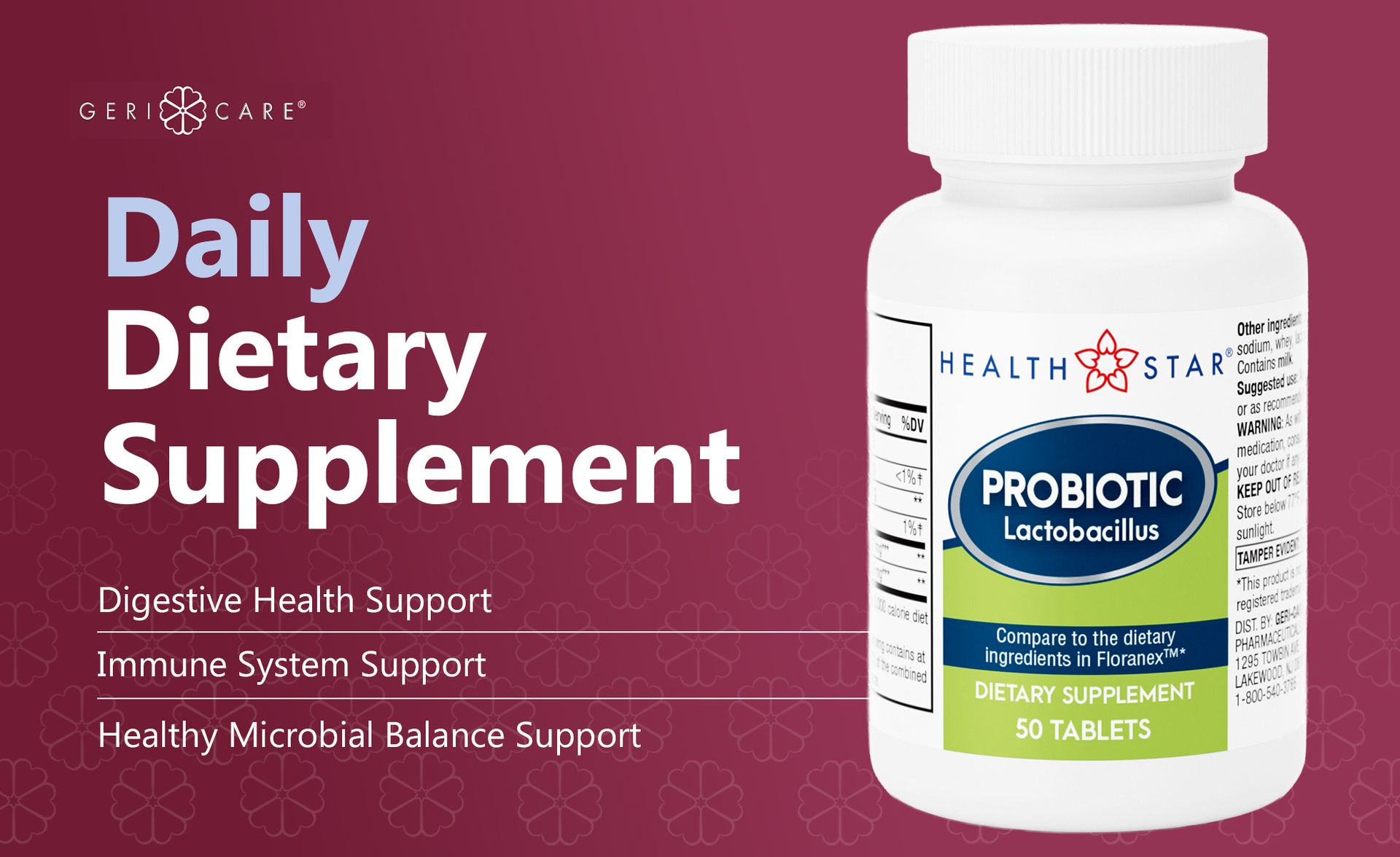 GeriCare Probiotic Lactobacillus, Support Digestive Health, Dietary Supplement Tablets, 50 Count (Pack of 1)