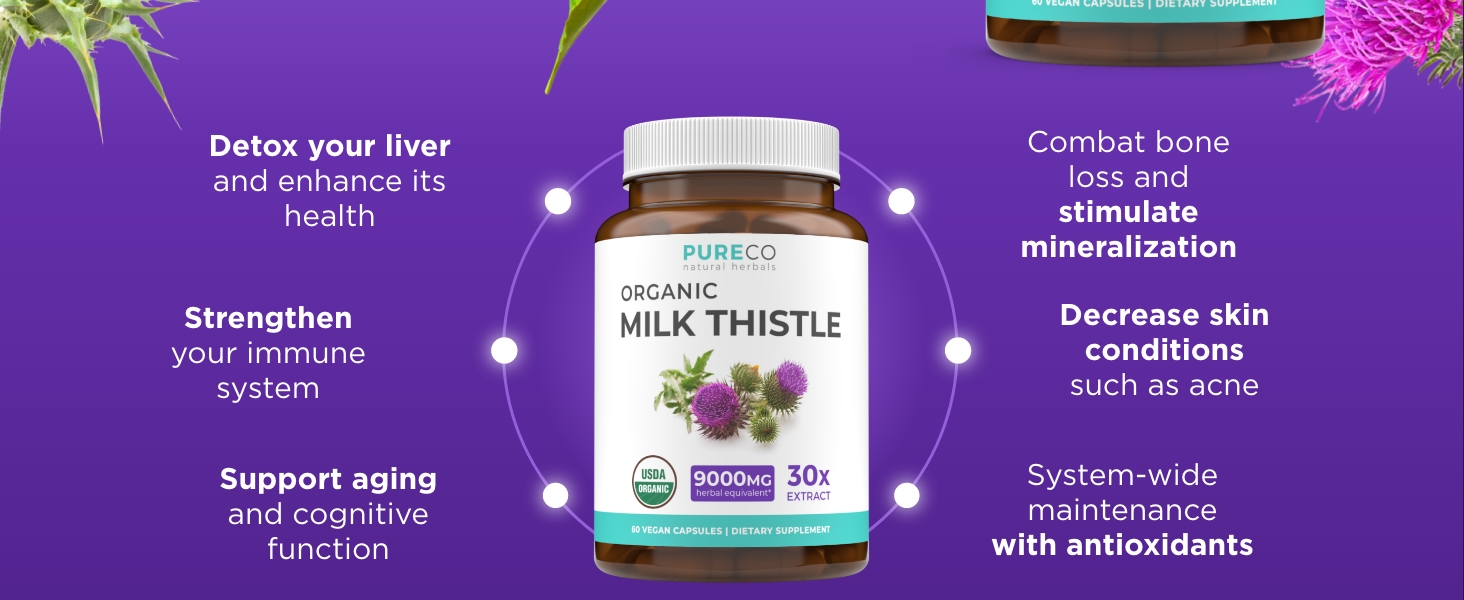 PURE CO USDA Organic Milk Thistle Supplement - 300mg of 30:1 Milk Thistle Extract with 80% Silymarin - Organic Herbal Liver Cleanse Detox & Repair - Vegan Non-GMO & Lab Verified (2 Month Supply)