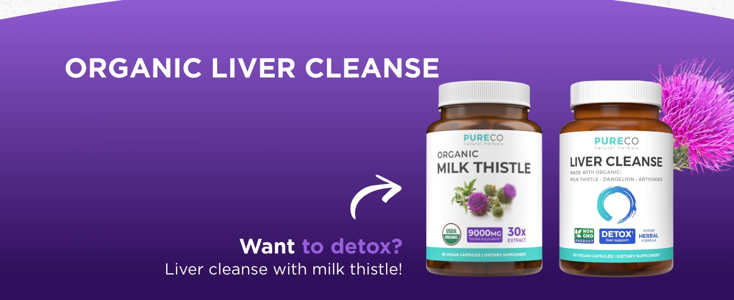 PURE CO USDA Organic Milk Thistle Supplement - 300mg of 30:1 Milk Thistle Extract with 80% Silymarin - Organic Herbal Liver Cleanse Detox & Repair - Vegan Non-GMO & Lab Verified (2 Month Supply)