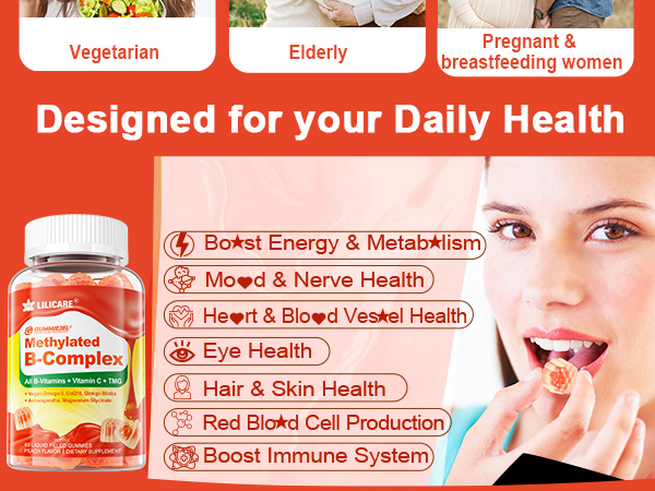 Super Vitamin B Complex Filled Gummies for Women Men, Methylated w/Omega 3