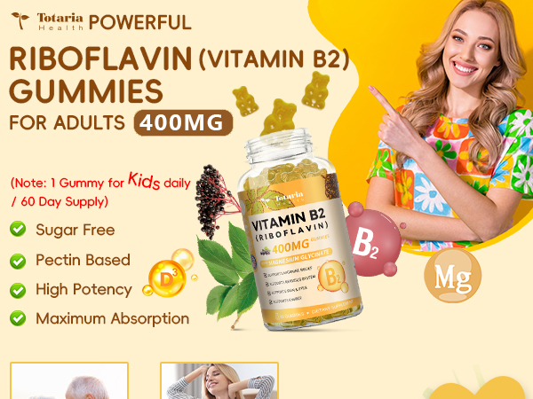 Totaria Vitamin B2 Gummies, Sugar Free Riboflavin 400mg Supplement for Adults & Kids with Magnesium Glycinate 400mg, COQ10 & Elderberry, Skin & Nervous System Support, Non-GMO, 60 Gummies