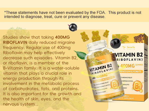 Totaria Vitamin B2 Gummies, Sugar Free Riboflavin 400mg Supplement for Adults & Kids with Magnesium Glycinate 400mg, COQ10 & Elderberry, Skin & Nervous System Support, Non-GMO, 60 Gummies