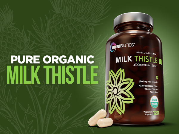 OmniBiotics Organic Milk Thistle Supplement 1500mg – 4X Concentrated Extract with Silymarin – High Potency Liver Detox & Support – 120 Vegan Capsules
