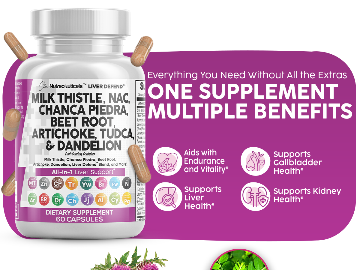 Clean Nutraceuticals Milk Thistle NAC Chanca Piedra Beet Root Artichoke Astragalus Dandelion Root - Liver Cleanse Detox & Repair Supplement Plus TUDCA Choline & Ginger - 1Pack