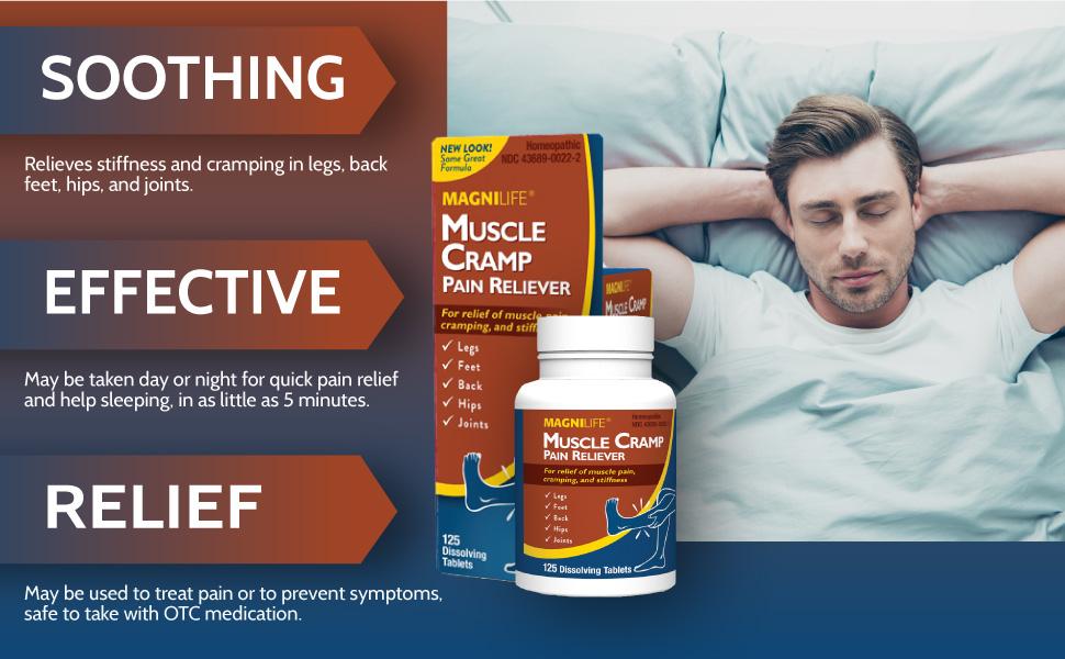 MagniLife Muscle Cramp Pain Relief Quick-Dissolve Tablets, 125 Count, Quinine-Free Homeopathic Medicine for Leg, Foot, Hip, Joint & Back Pain Relief, Helps Ease Muscle Ache, Cramping & Stiffness