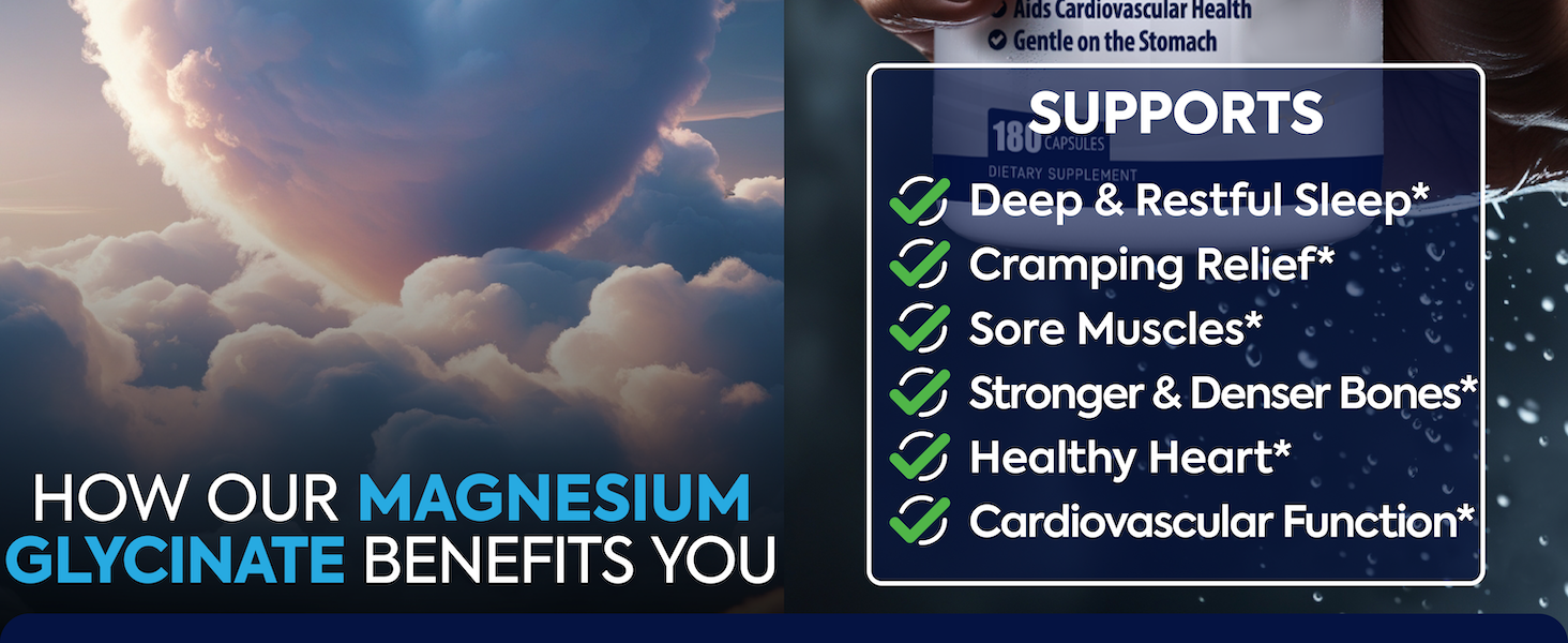 Premium Magnesium Glycinate 425mg - 180 Vegan Capsules - Helps with Stress Relief, Sleep, Muscle Cramps & Healthy Heart |