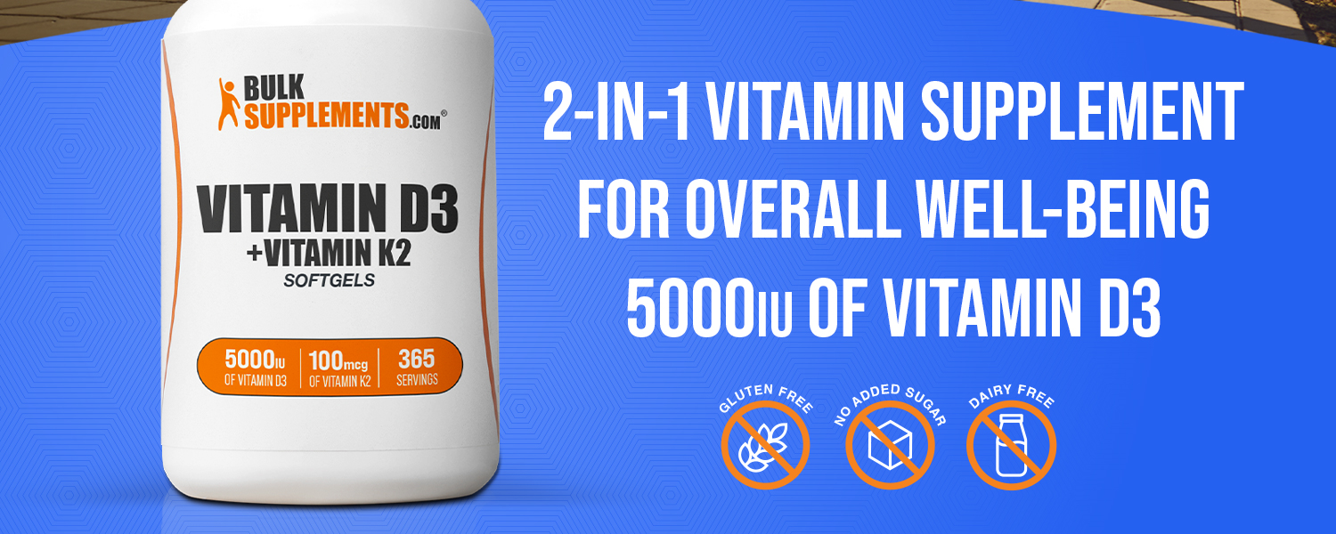 BulkSupplements.com Vitamin D3 + K2 5000 IU Softgels - D3 K2 Supplement, for Immune Health - Gluten Free, 1 Softgel per Serving, 365 Count (Pack of 1)