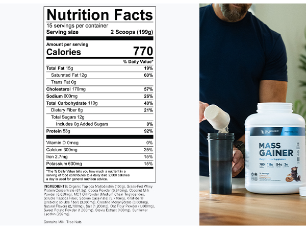 Transparent Labs Mass Gainer Protein Powder - Naturally Flavored Grass-Fed Whey w/ 53g Protein, 110g Carbs, High-Calorie Powder for Muscle Gain & Recovery, 3g Creatine - 15 Servings, Chocolate Glaze