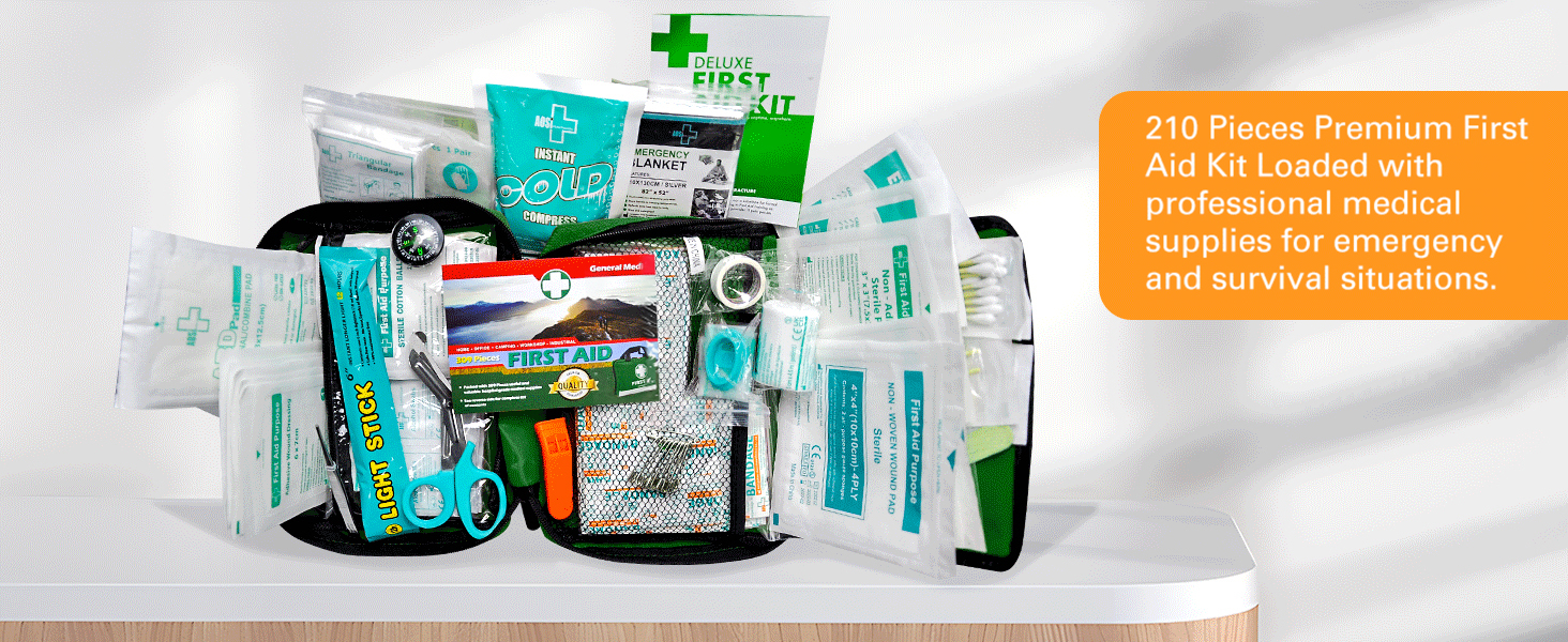 General Medi 210 Piece First Aid Kit- Emergency kit - Reflective Design - Includes Ice(Cold) Pack, Moleskin Pad and Emergency Blanket for Travel, Home, Office, Car, Workplace & Outdoor