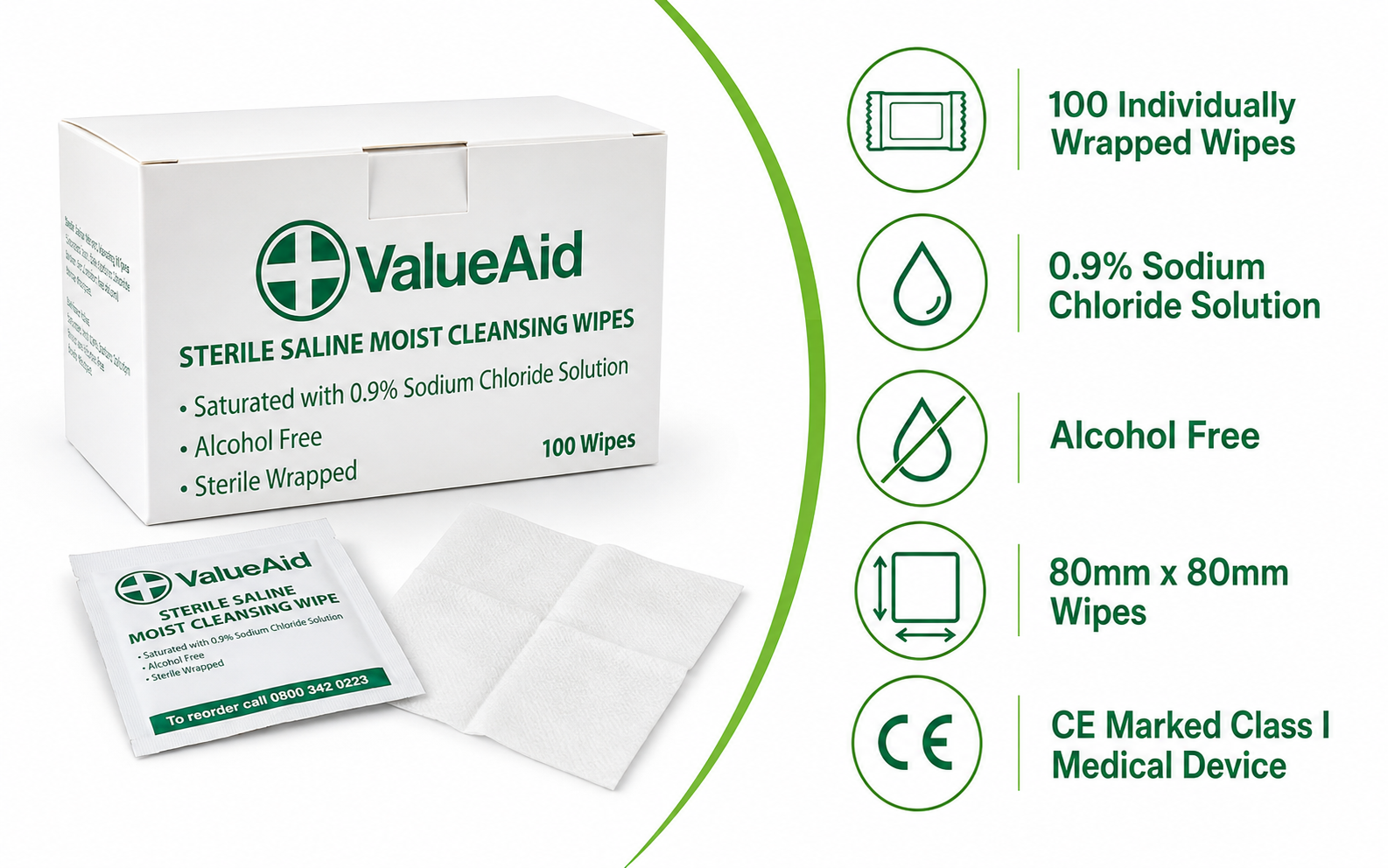 Value Aid Sterile Saline Moist Cleansing Wipes Box of 100 - Alcohol Free 0.9% Sodium Chloride Skin Cleaning Wipes - Individually Wrapped First Aid Wipes 80 x 80mm Sachets