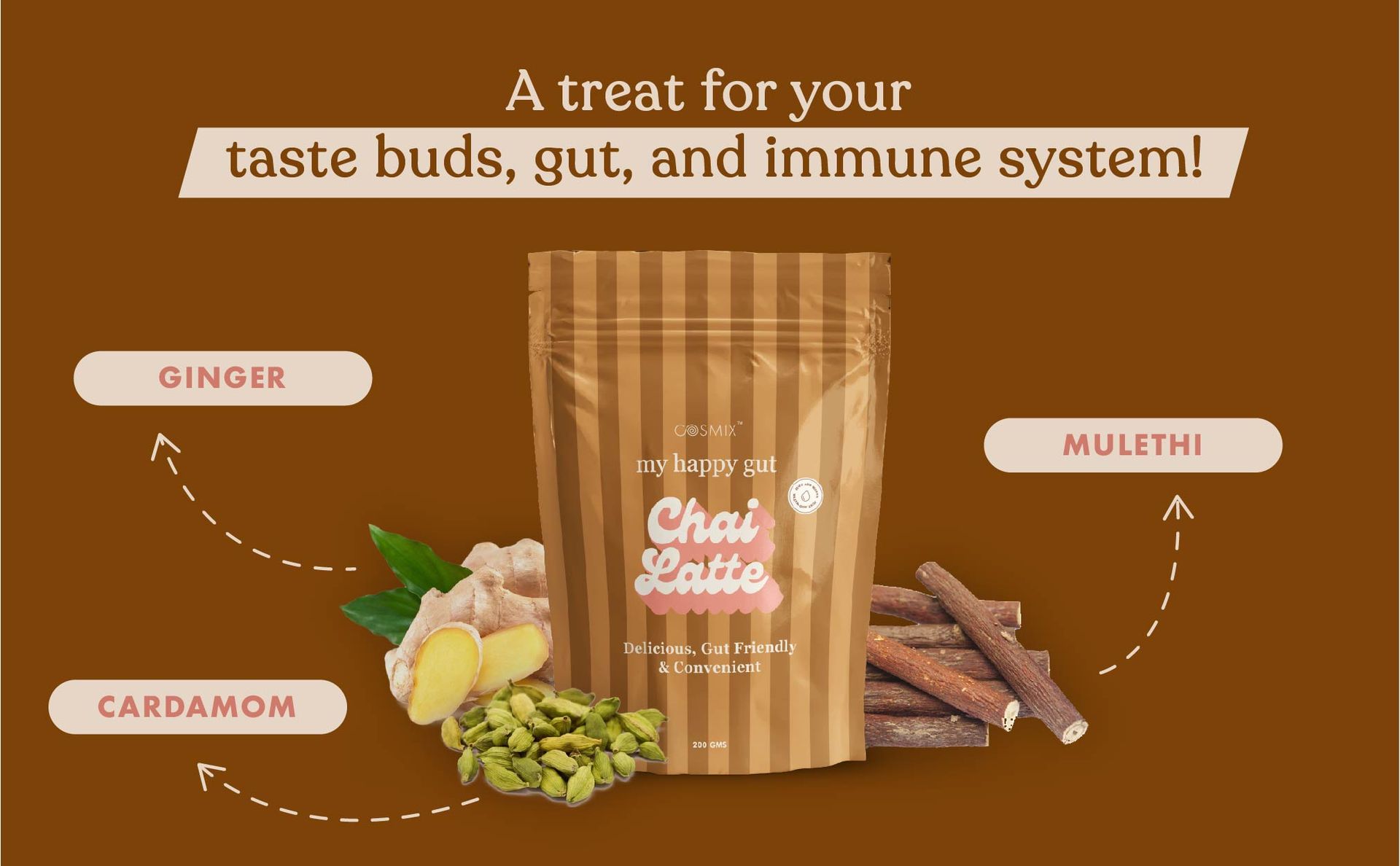 Cosmix My Happy Gut Chai Latte | For Improved Digestion & Overall Gut Health | Zero Refined Sugar, No Preservatives | Plant Based | Just add water & Enjoy (200g Pack of 1)