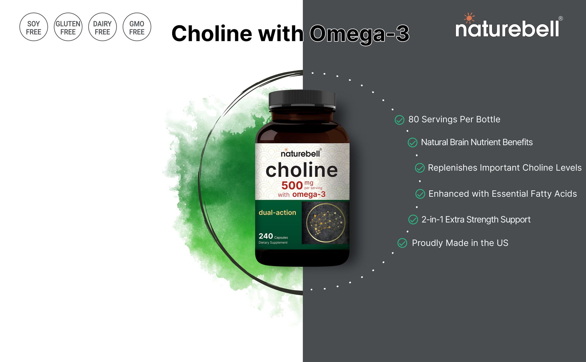 NatureBell Choline 500 mg with Omega-3 Fatty Acids, 240 Capsules | Extra Strength 2-in-1 Choline Bitartrate Formula | Non-GMO