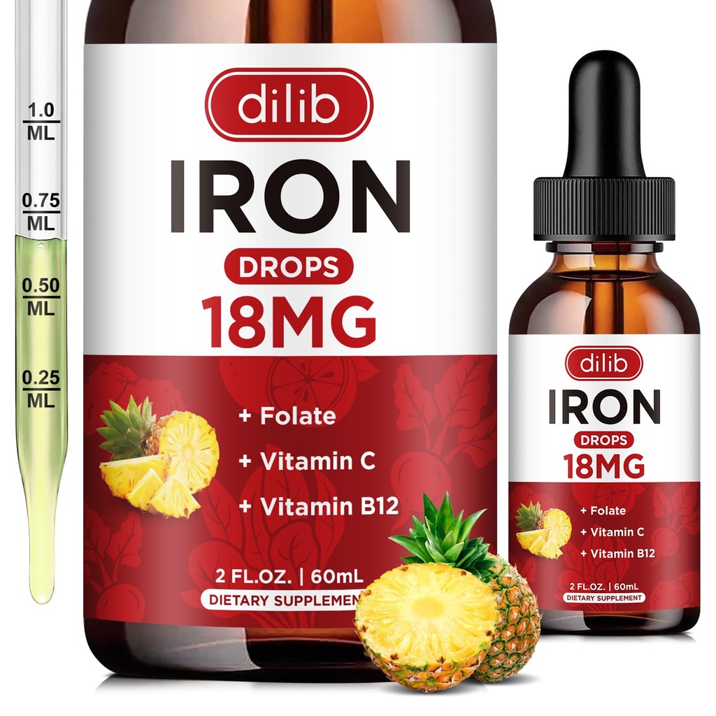 Liquid železo dodatek pro ženy a muže Železné Kapky Železné doplňky pro anémie s folátem, Vitamin C, B12 pro červené krvinky Support- ananas Flavor, 2 Fl Oz