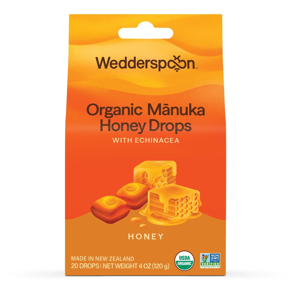 Wedderspoon Organic Manuka Honey Drops, Honey & Echinacea, 20 Count (balení po 1) 124; Genuine New Zealand Honey Found 124; Perfect Remedy for Dry throats
