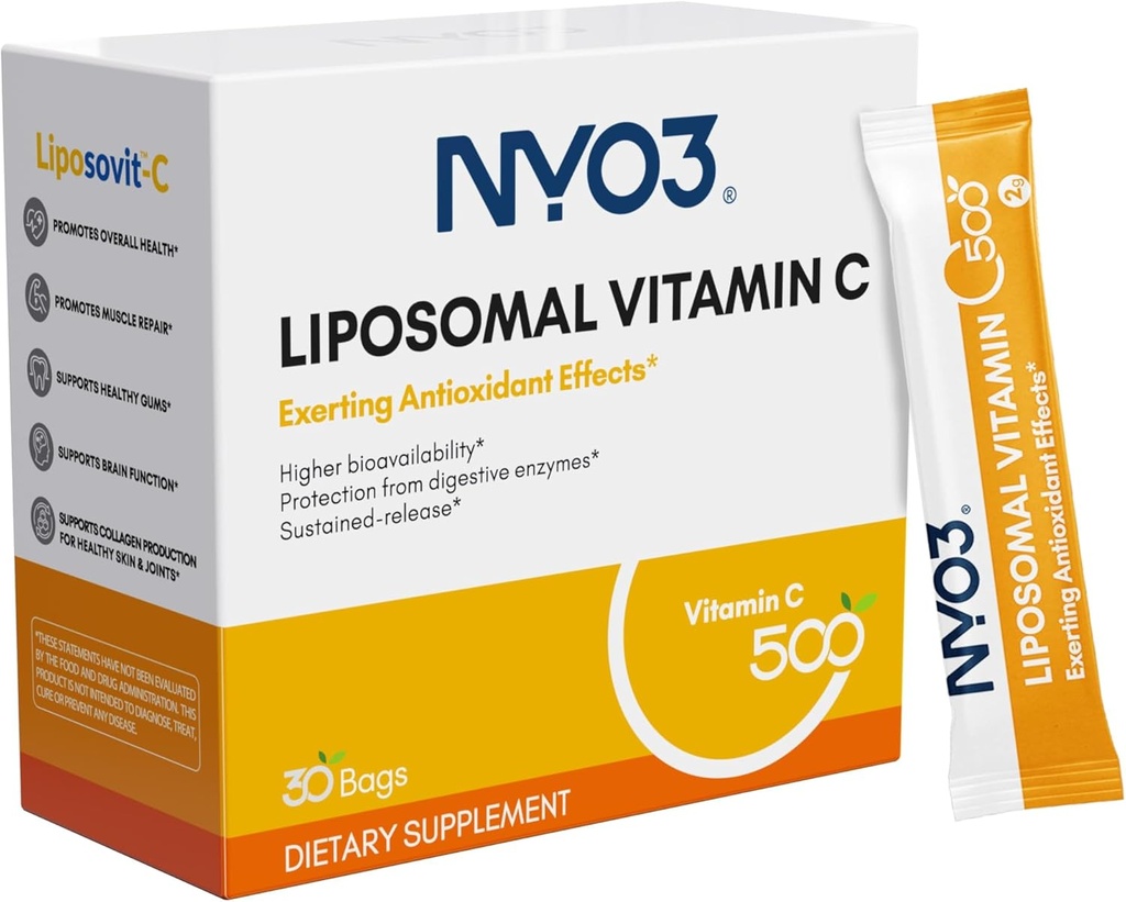 NYO3 Lipozomální vitamin C prášek, podporuje imunitní systém a kolagen booster, Výkonný antioxidant, Zlepšit zdraví pokožky, gluten- free, vysoká absorpce vitaminu C, 500mg, 30 Počet