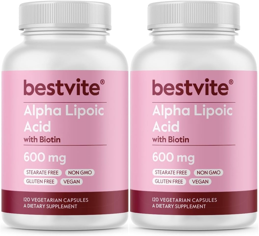 Alpha kyselina lipoová 600mg (na kapslí) s biotinem k posílení absorpce (240 Vegetariánských kapslí) (2 x 120) No Fillers - No Stearates - No Flow Agents
