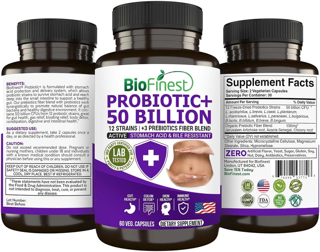 BioFinest Probiotic 50 Billion CFU Enzyme Supplement - 12 Probiotické proužky s 3 Přírodní Prebiotika - Gut Digestion Detox Gas Bloating Constillation - Acidophilus pro muže ženy (60 Vegan. čepice)
