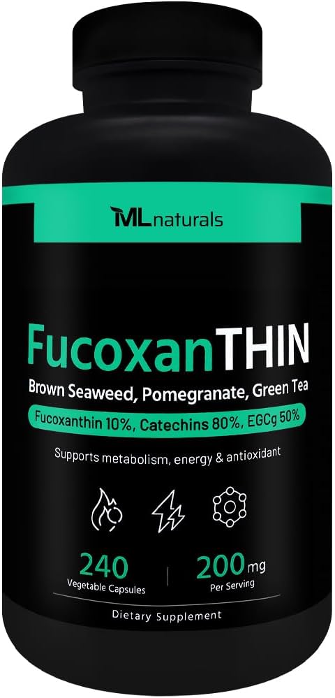 ML Naturals FukoxanthIN 240 Zeleninové kapsle. Fukoxanthin 10% 200 mg na servírování, podporuje metabolismus a antioxidant, NSF- Certified & cGMP- Compliant