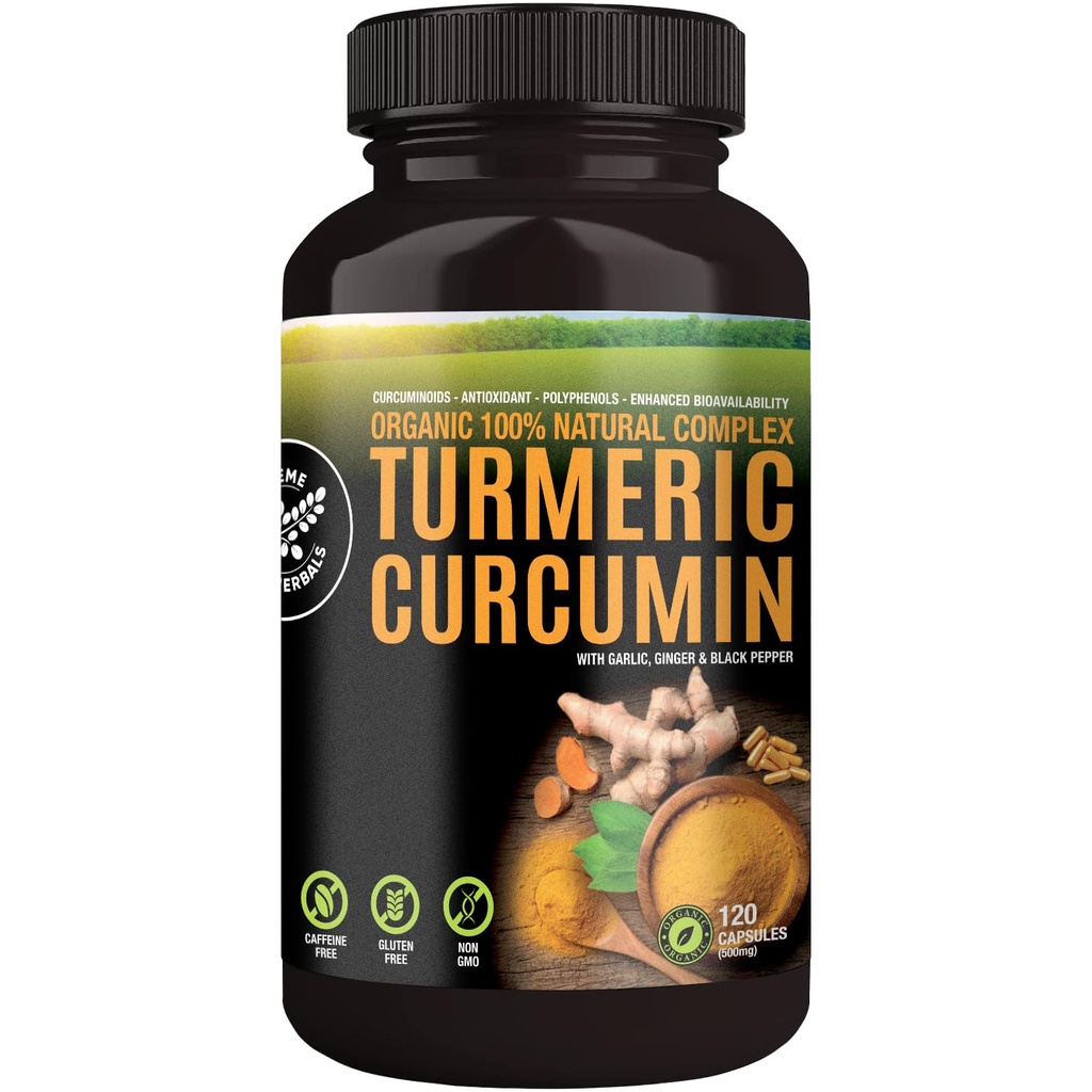 100% syrové a organické kurkuminové tobolky. Certified Organic, gluten- Free, Non- GMO, a Caffeine- Free. Vylepšená česnek, zázvor a černý pepř, 500mg, 120 Vegan Kapsle