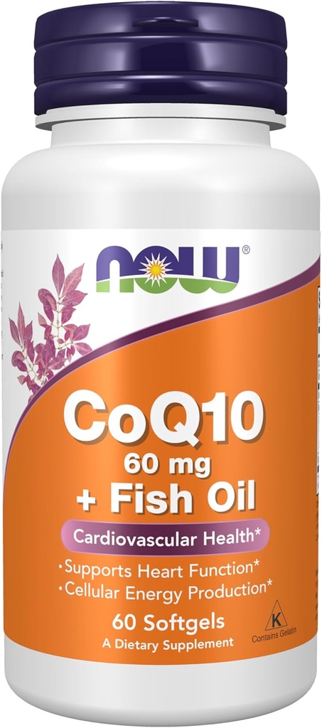 Nyní Potraviny doplňky, CoQ10 60 mg s Omega 3 rybí olej, kardiovaskulární zdraví *, 60 Softgels
