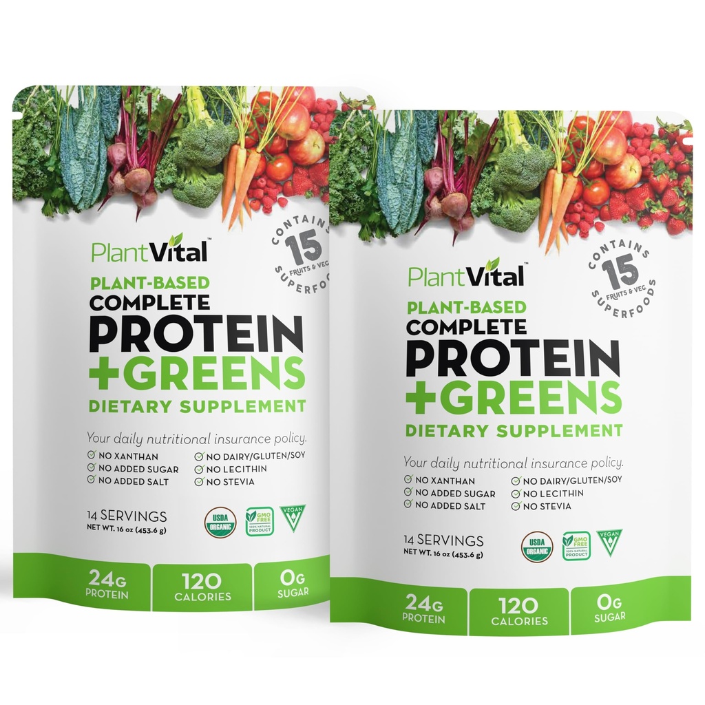 Plantvital Neochucený organický Vegan Protein Powder - 15 Superfoods, Veggies and Probiotics - Organic Plant- Based Protein Powder - All BCAA 's, gluten Free - 16oz (balení po 2)