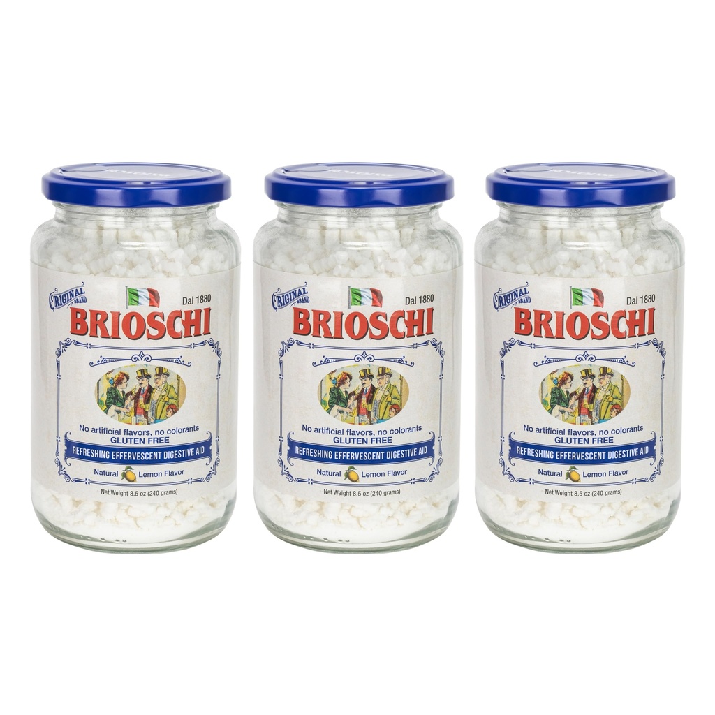 Brioschi [Pack 3 Italské citrónové ochucené osvěžení Effervescent 124; Digestive Aid, Heartburn, Upset Stomach, Acid Ingestion 124; Gluten Free, No Colourants, No Artifictional Flavors Ifficial