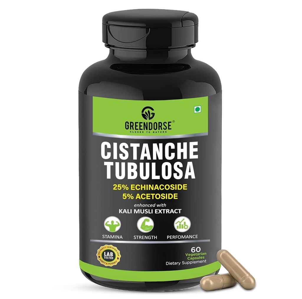 Organic Cistanche Tubulosa standardizované na 25% Echinacoside, 5% Acetoside s Kali Musli Extract 1000mg 3. strana Testováno pro sílu, výkon, Vitality- 60 Veg Kapsle