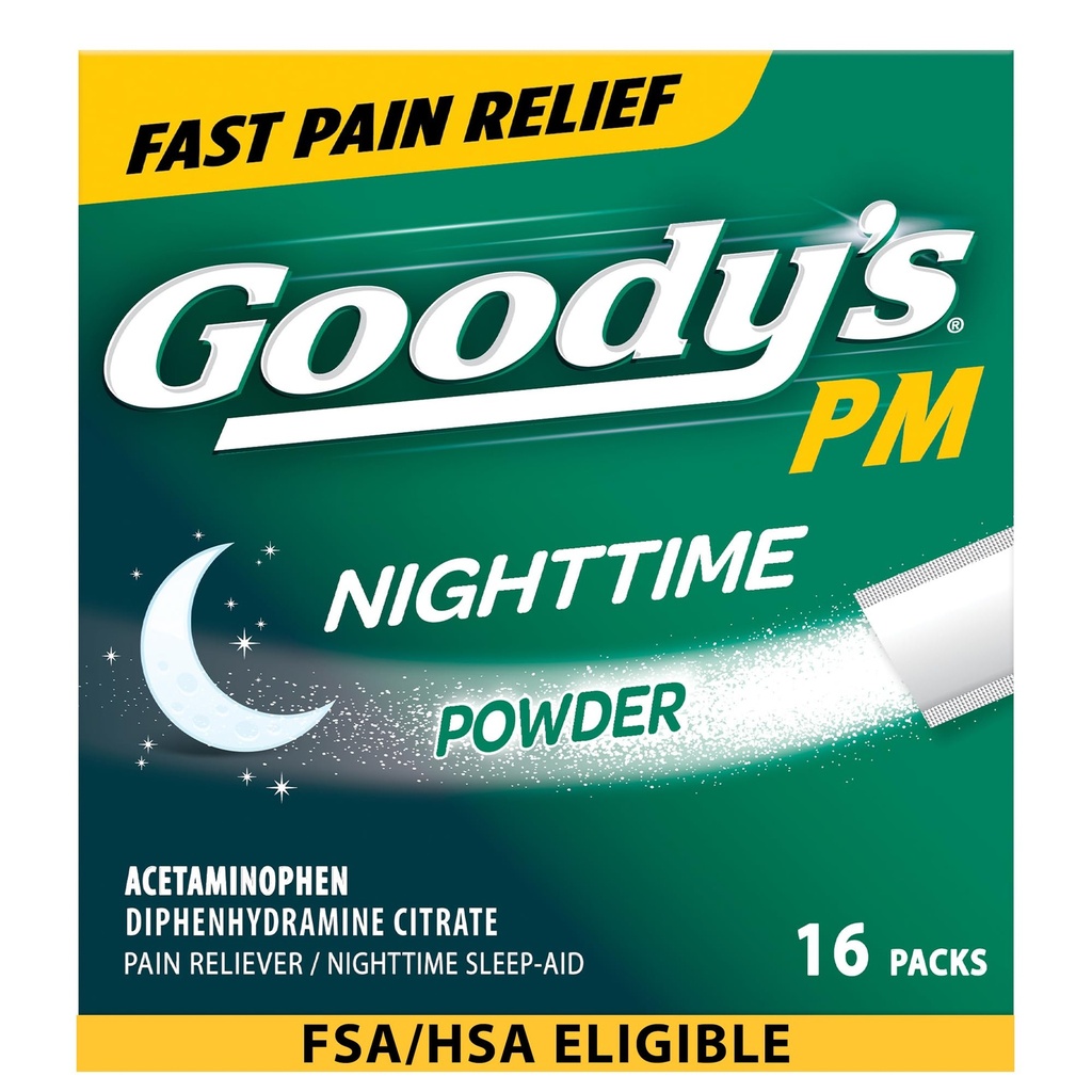 Goody 's Nighttime Powder, Pain Reliever & Sleep Aid with Acetaminophen & Difenhydramine Citrate, Caffeine Free, 16 Count