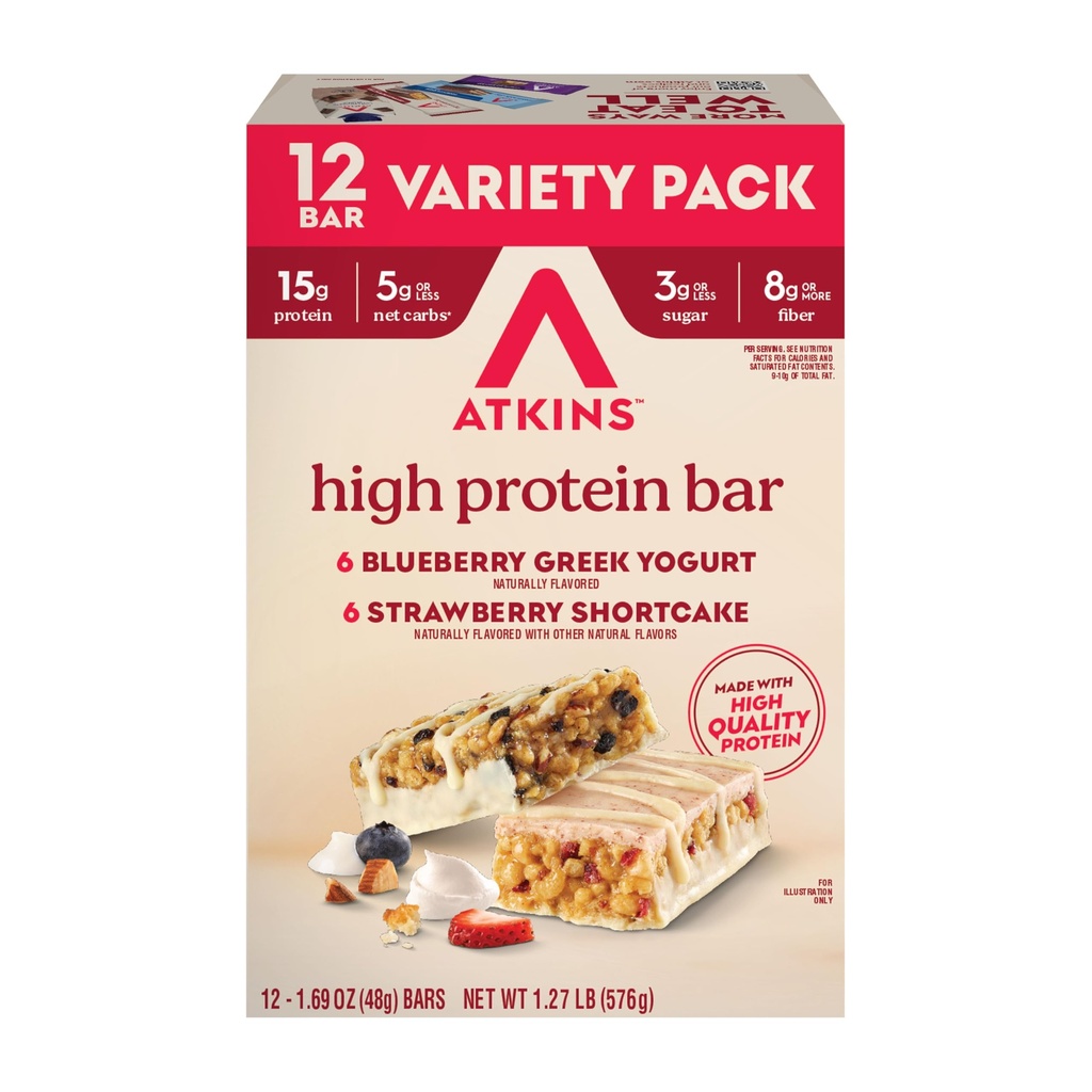 Atkins Blueberry Greek Jogurt & Jahodový koláč High Protein Bar, High Fiber, Keto Friendly, 12 Počet (6 barů každý flavor)