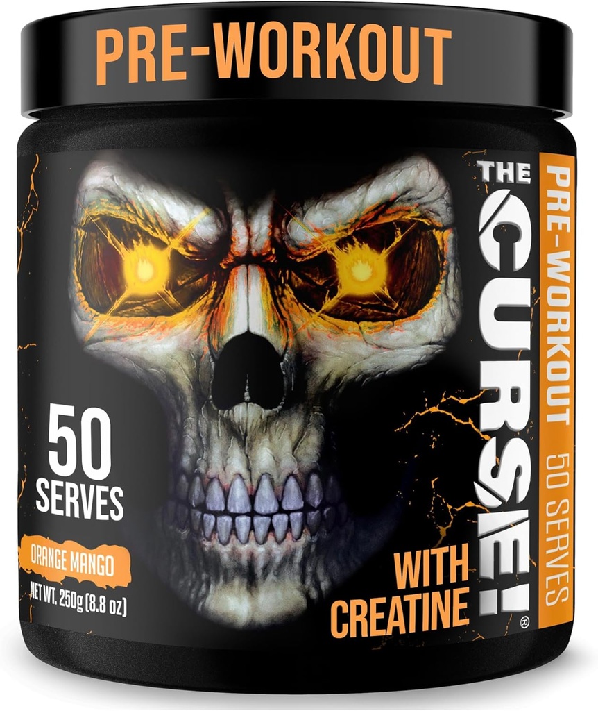 JNX SPORTS Kletba! Pre Workout Prášek pro muže a ženy, Kofein, Beta- Alanin, Creatine, L- Citruline, 50 Servings, Orange Mango Flavor - Zvýšení energie, Síla a zaměření