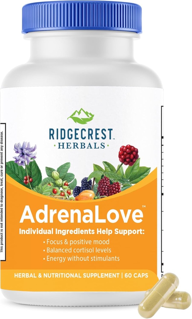 Ridgecrest Herbals AdrenaLove, Stress and Energy Supplement with Ashwagandha, L-Theanine, Ginseng, Schisandra, Taurin, Holy Basil, Adaptogens, B Vitamíny (60 Vegan Caps, 30 Serv)
