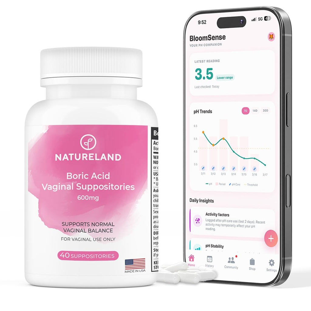 Natureland 40 Počet, 600mg Kyselina boritá Vaginální Suppositors, Made in USA, Obnovit pH Balance a snížit suchost, zápach, Itchiness, a vypouštění, Podpora intimní zdraví (40 Počet (balení 1))