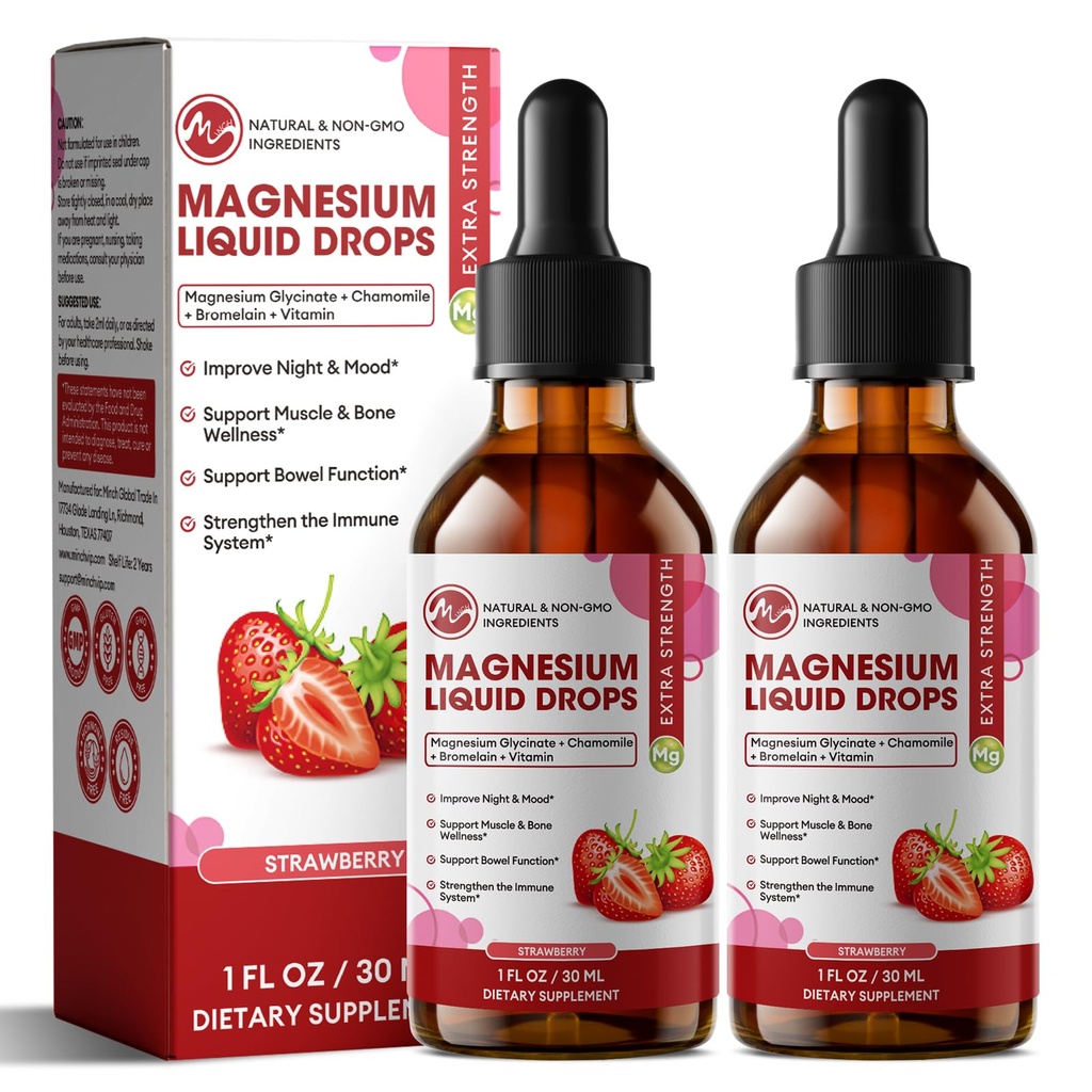 M inch Magnesium Glycinát tekutý, vysoce absorpční magnesium kapalné kapky s celulosou fiber, Bromelain, vitamin B6, C, D, zinek, doplněk hořčíku pro děti a dospělé, Jahodová příchuť, 2 balení