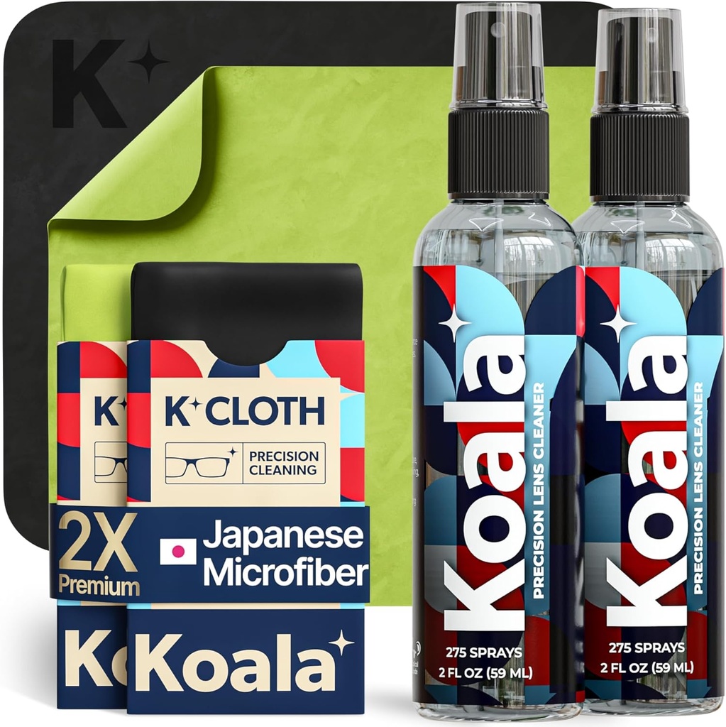 Koala Oční sklo Lens Čistič Spray Kit 124; (2x) Skleněná čisticí láhev + (2x) Mikrovlákna Cloth 124; Alkohol zdarma Oční brýle, plátna, a Čisticí sada fotoaparátu 124; Vyrobeno v USA (4 Kousky Set)