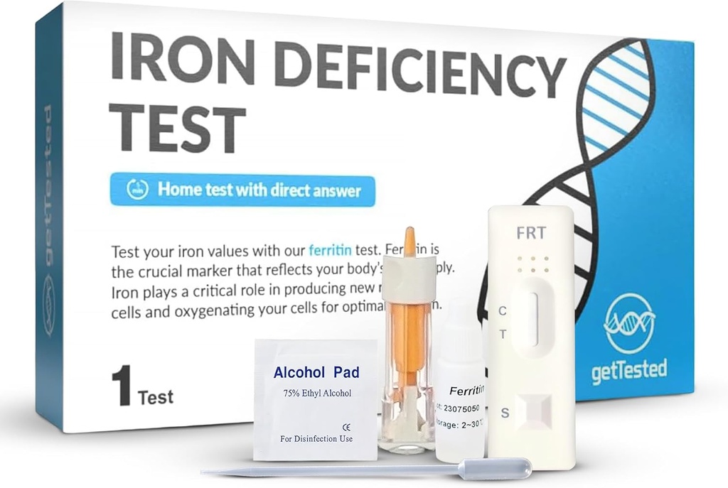 getTested Iron Deficiency Test Kit - Domácí krevní test na anémii s rychlými výsledky - Vzorek prstenec, Žádná laboratorní návštěva zapotřebí - Klinicky validovaná kontrola nízkých hladin železa