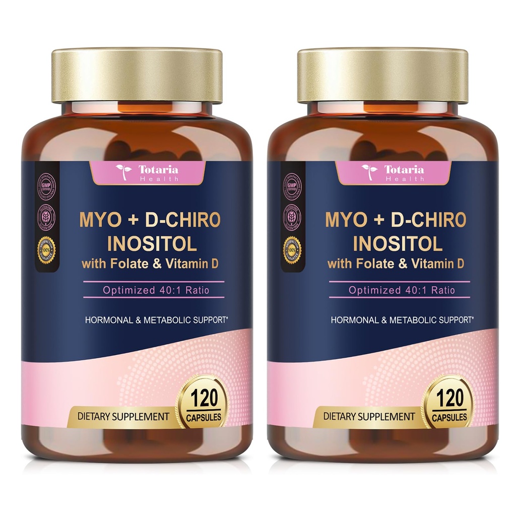 Totaria Inositol Dodatek pro ženy s vitamínem D3, Folát, 40: 1 Poměr Myo- Inositol & D- Chiro Inositol Complex, (Vitamin B8) Inositol Kapsle, Balení 2