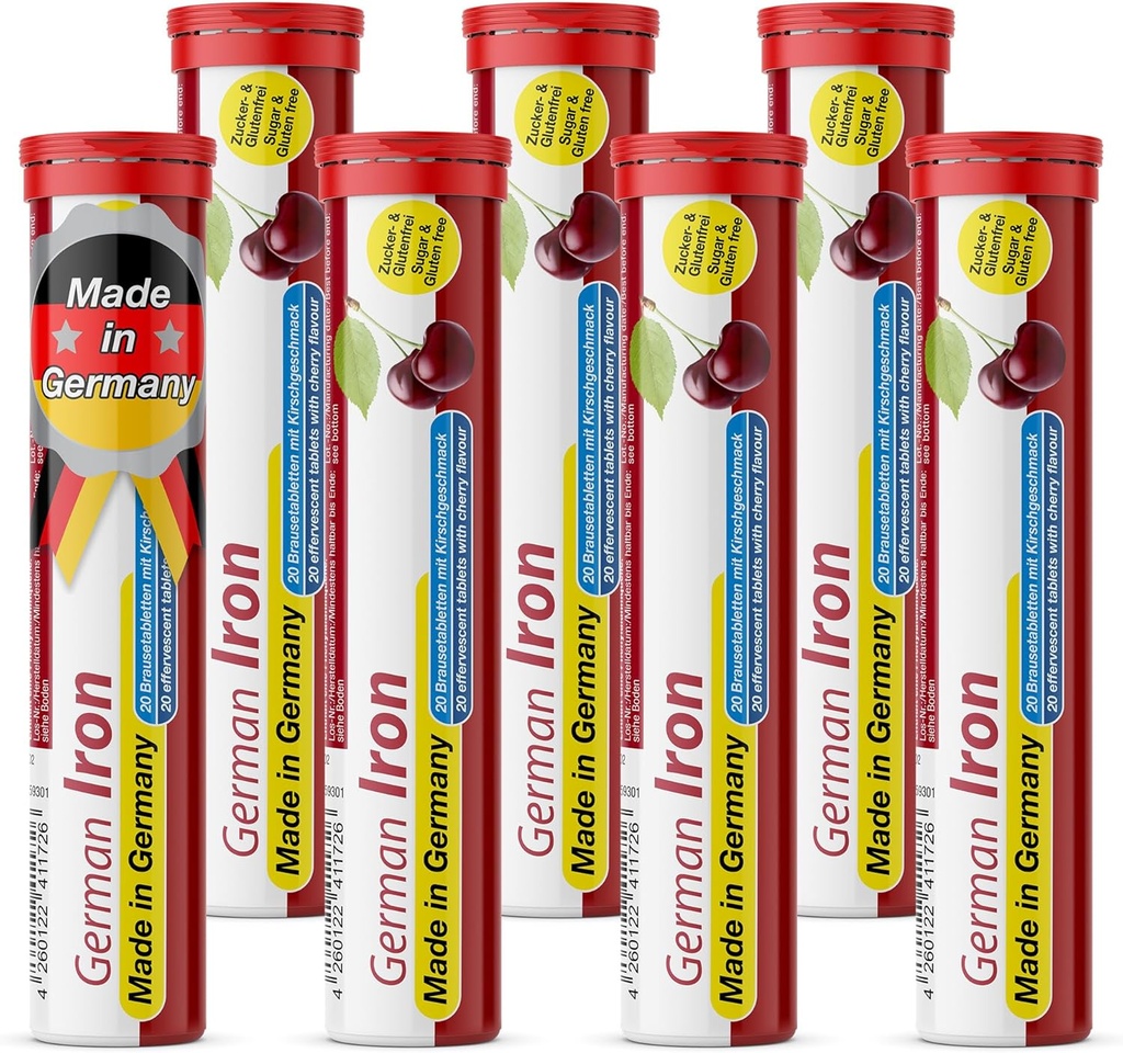 T & D German Iron 14 mg - 140 Vegan Drink Effervescent Tablets - Cherry Flavor - Made in Germany