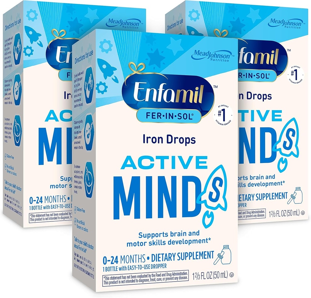 Enfamil Fer-In-Sol Iron Supplement Kapky pro kojence & Toddlers, Podporuje vývoj mozku, 50 ml Kapátko láhev, balení po 3