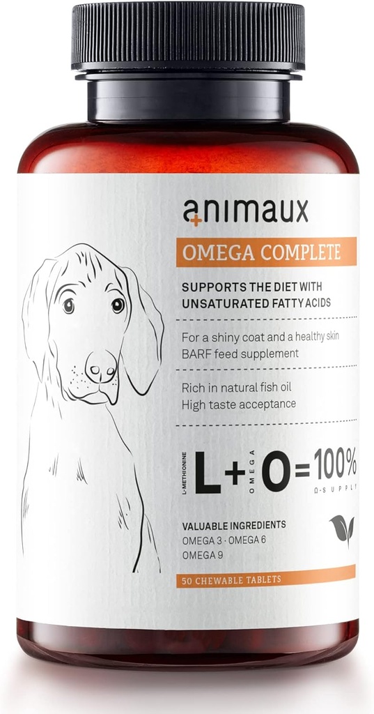 animaux - Omega Kompletní pro psy Fish Oil tablety, Omega 3,6 & 9 mastné kyseliny na podporu vitality, struktura kostí, Barf dodatek, Lososový olej pro pleť & Coat, 50 žvýkací tablety, 100 dní dodávky