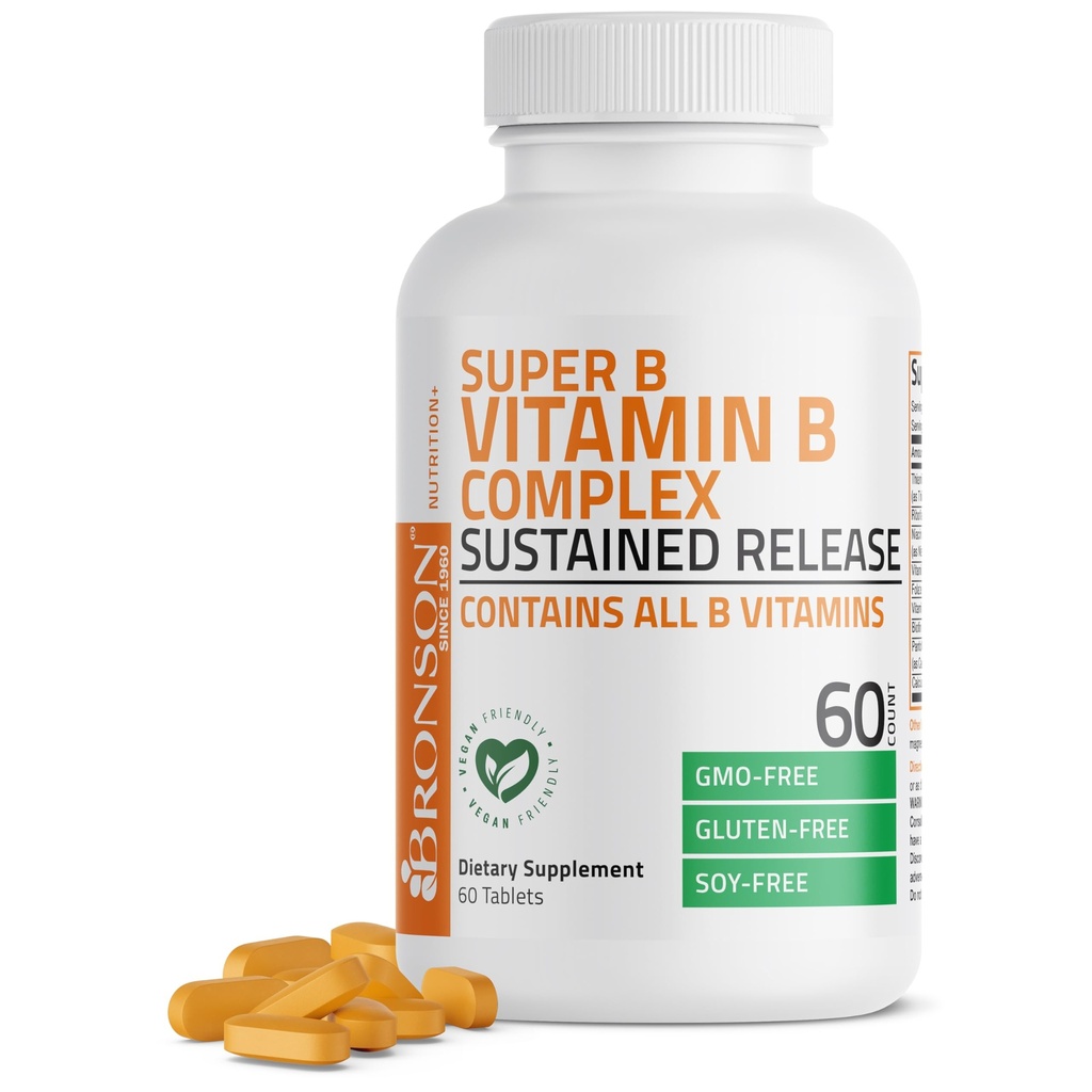 Bronson Super B vitamin B komplex setrvalé pomalé uvolňování (vitamin B1, B2, B3, B6, B9 - kyselina listová, B12) Obsahuje všechny B vitaminy 60 tablet