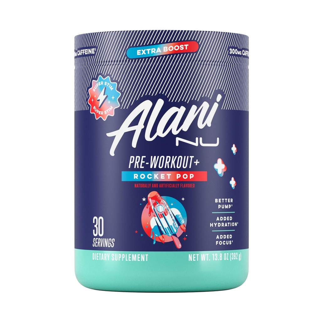 Alani Nu Pre Workout + Powder Rocket POP, Extra Boost, Cukr zdarma, 300mg kofeinu, L- Theanine, Beta- Alanin, Citrulline, 30 Služeb