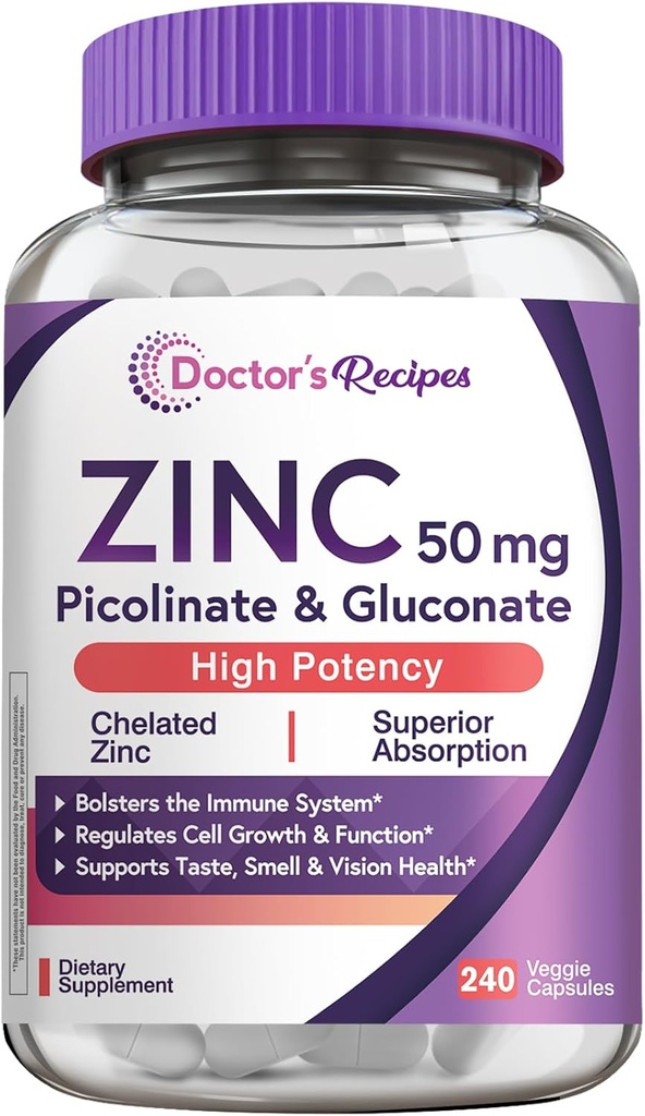 Lékařské recepty Zinek 50 mg, Vysoce Absorbovatelné Zinek Pikolinát & Gluconát, Podporuje přírodní imunitní obrany, DNA & protein Formation, Buněčný růst, Non- GMO, 240 Veggie Kapsle