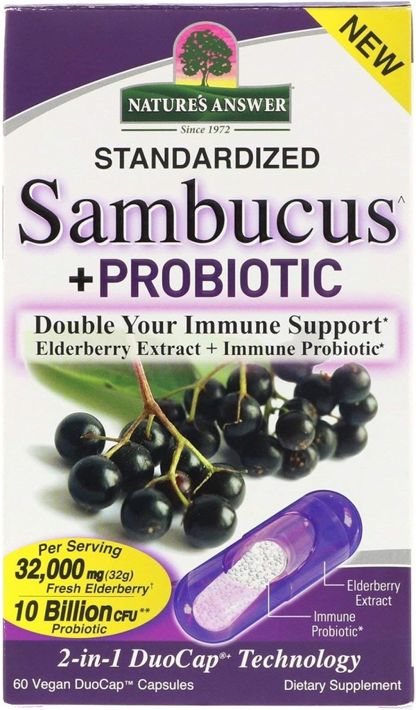 Nature 's Answer Sambucus + Probiotic CFU 124; New 2-in-1 Double Your Immunication Support CF124; 32,000mg Standardizované Fresh Elderberry Duo Cap s 10 biliony CFU Probiotic CF124; Gluten- Free, Non- GMO CF124; 60 Veganské Kapsle