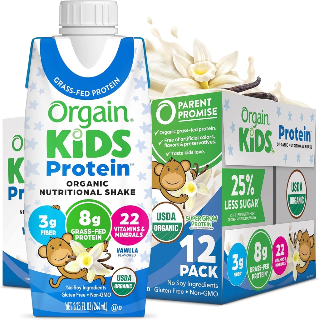 Orgain Organic Kids Nutritional Protein Shake, Vanilla, Zdravé děti Snacks, 8g Dairy Protein, 3g Fiber, 22 Vitamíny & Minerály, No Soy ingredience, gluten Free, Non- GMO, 8.25 Fl Oz (balení po 12)