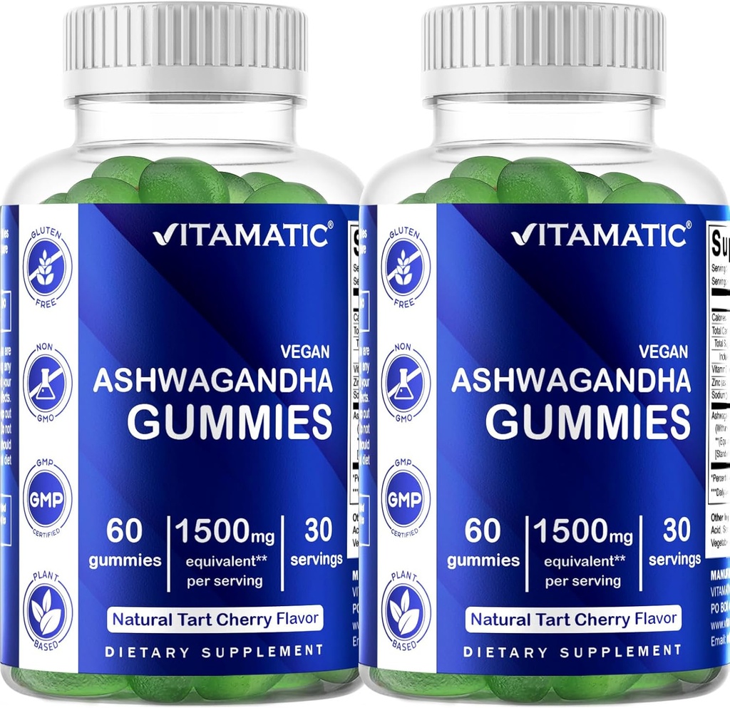 Vitamatic 2 Pack Ashwagandha Gummies 1500 mg Ekvivalentní Per Serving (od 30: 1 Extract 50 mg) - 60 Vegan Gummies - 3% Witanolides
