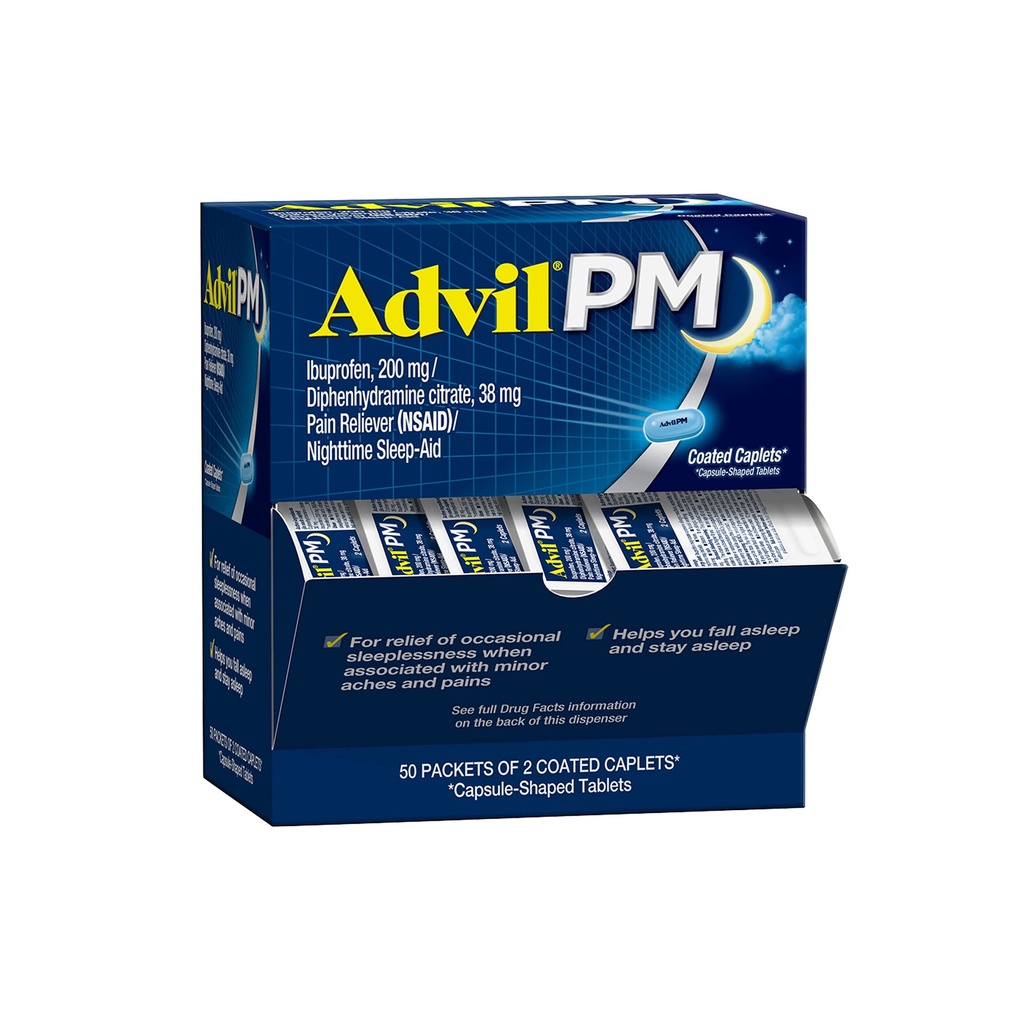 Advil PM Pain Reliever and Nighttime Sleep Aid, Pain Medicine with Ibuprofen for Pain Relief and Difenhydramine Citrát for a Sleep Aid - 50x2 Coated Caplet