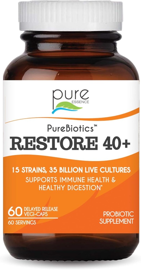 PURE ESSENCE LABS PureBiotics Restore 40 + Probiotický dodatek - Podporuje imunitní a stravitelné zdraví - Dairy & Gluten Free - 15 Strain (35 miliard PTO) Dospělí přírodní probiotika (60 kaps)