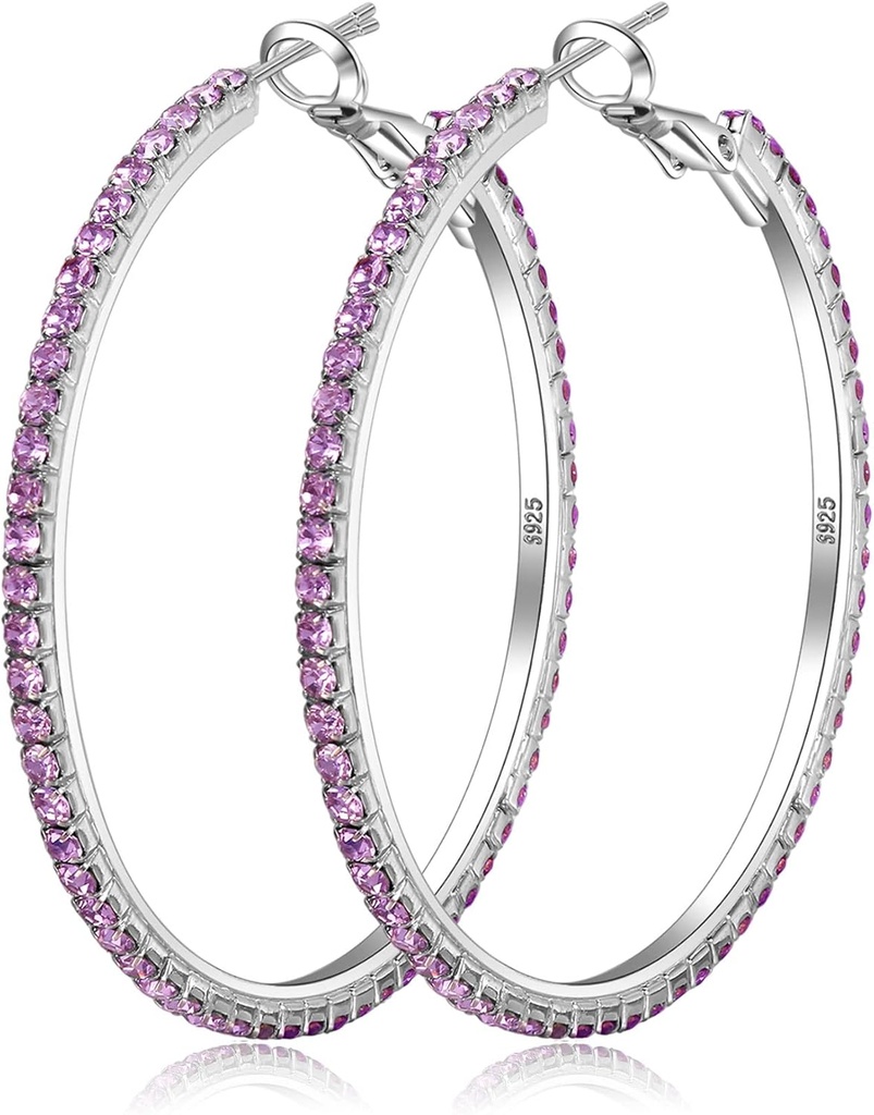 925 Sterling Silver Náušnice Velký Rhinestone Hoop Náušnice Big Cubic Zirconia Hoop Náušnice Thin Rhinestones Kulaté Náušnice pro ženy 20 / 30 / 40 / 50 / 60 / 70mm Třpytivé obruče s krystaly pro ženy